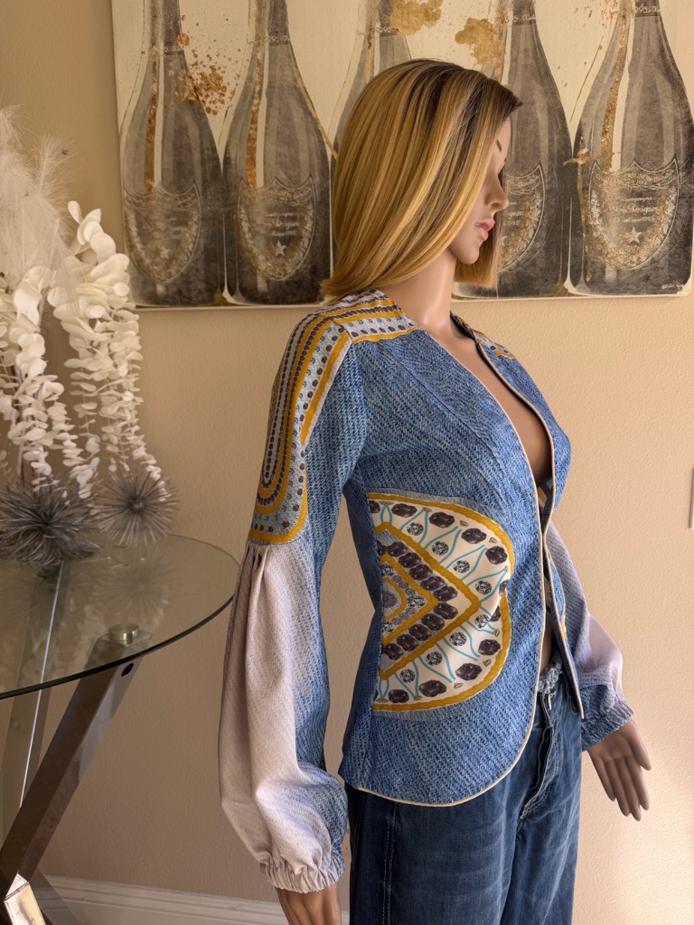 Boho Patchwork Zip Jacket in Denim Blue and Mustard